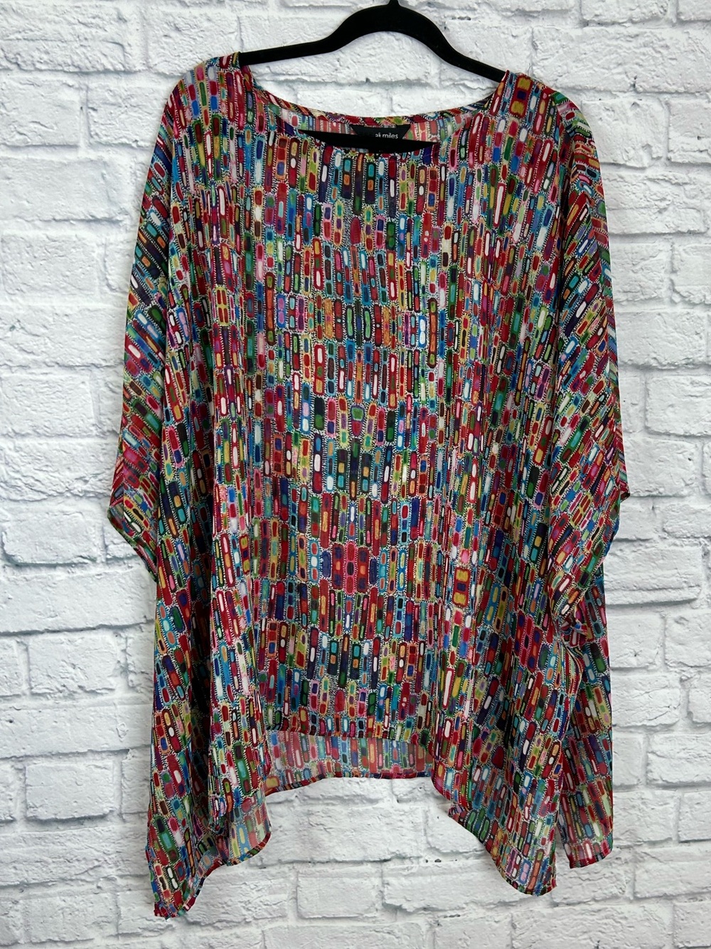 Ali Miles 2X Multicolor Abstract Print Poncho Tunic Top Sheer Dolman Plus Size